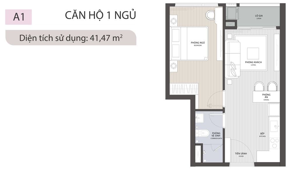 Floor Plan for Ambience Căn hộ 1 phòng ngủ - Loại A1